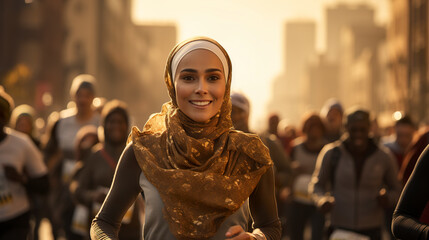 A female marathon runner wearing a hijab participating in a race. Female marathon runner happy and respecting her beliefs running a marathon.