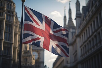 A British Union Jack flag flies and flutters from a pole with London buildings in the background. Natural daylight. Generative AI. - obrazy, fototapety, plakaty