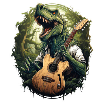 Immerse yourself in an enchanted forest, where a T-Rex plays a guitar carved from ancient wood, surrounded by towering trees and magical creatures, Generative Ai