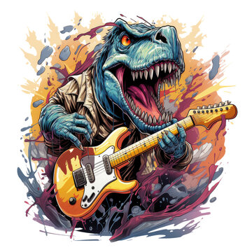 Enter a world of abstract expression, where a T-Rex plays a guitar that transforms into swirling ribbons of color and sound, Generative Ai