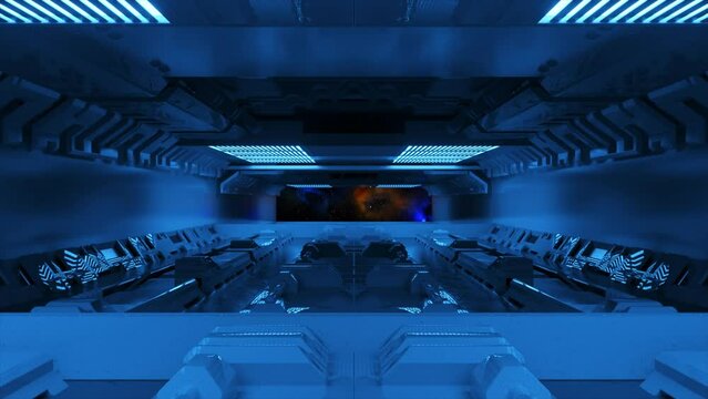 Future technology concept. Science fiction tunnel. Sci-Fi corridor color. Blue neon color. 3D animation seamless loop