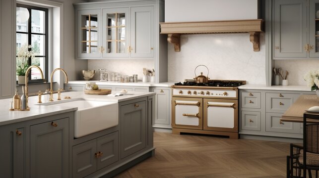an image of a traditional kitchen with detailed cabinetry, a farmhouse sink, and vintage-inspired appliances