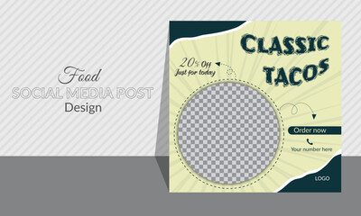 Tacos social media post design. Snacks design for restaurant and hotels. Healthy and delicious classic tacos ad, discount offer. Clean, editable. Unique geometric and curvy shapes with text effect.
