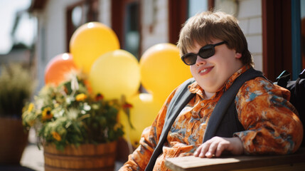 A person with Down syndrome goes about his daily activities. Socialization of people with disabilities.
