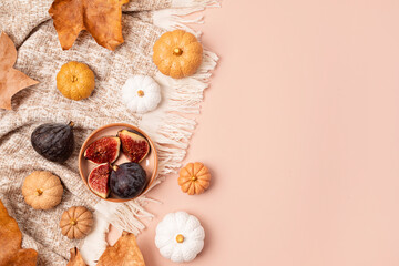 Autumn background with pumpkins, fall leaves and plaid cover in natural pastel colors.  Seasonal holidays background with copy space