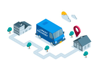 isometric van with the inscription fast delivery goes from the warehouse to the location icon near the house, in color on white background, targeted delivery of goods or mailings