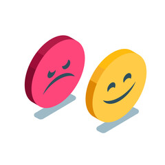 isometric emoticons cheerful and angry, in color on a white background, emotions on social networks or chat