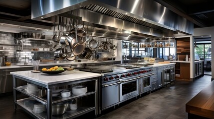 a modern cooking school kitchen with professional-grade appliances and chef's stations