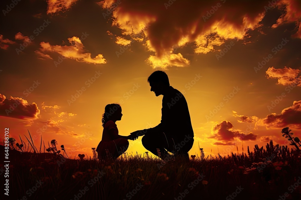 Wall mural silhouette of a young father playing with their baby on the grass Generative AI