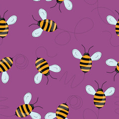 Seamless pattern with bees on color background. Small wasp. Vector illustration. Adorable cartoon character. Template design for invitation, cards, textile, fabric. Doodle style