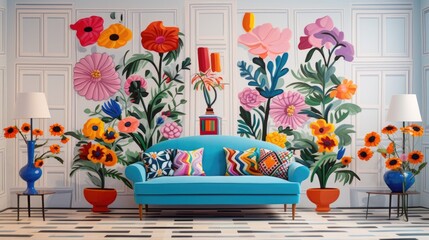 A living room with a blue couch and colorful flowers on the wall