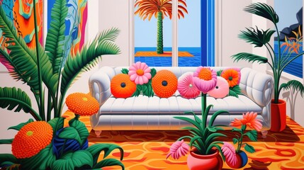 A painting of a living room with a couch and flowers
