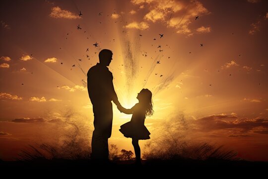 silhouette of happy father with child by sunset sky Generative Ai