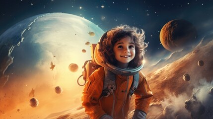 A little girl in a space suit standing in front of a planet - obrazy, fototapety, plakaty