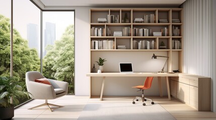 Fototapeta na wymiar a modern home office with natural lighting, minimalist furniture, and vibrant pops of color