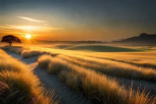 an image of a breathtaking sunset over a vast, open field of tall grass, casting long, golden shadows