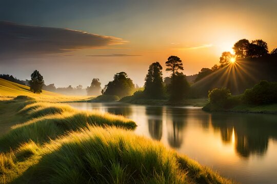  an image of a breathtaking sunset over a vast, open field of tall grass, casting long, golden shadows