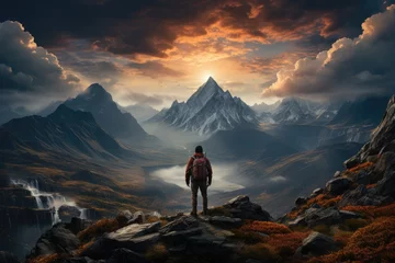 Foto op Canvas A picture of a traveler standing on a mountain peak, gazing at the beauty of nature  © PinkiePie