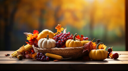 Thanksgiving harvest basket on fall background. Thanksgiving cornucopia fall scene with pumpkins squash on wood table at sunset - obrazy, fototapety, plakaty