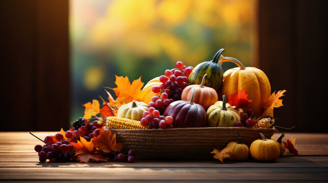 Thanksgiving harvest basket on fall background. Thanksgiving cornucopia fall scene with pumpkins squash on wood table at sunset