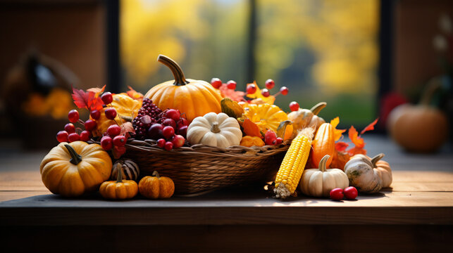 Thanksgiving harvest basket on fall background. Thanksgiving cornucopia fall scene with pumpkins squash on wood table at sunset