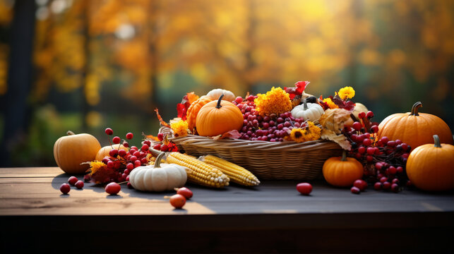Thanksgiving harvest basket on fall background. Thanksgiving cornucopia fall scene with pumpkins squash on wood table at sunset