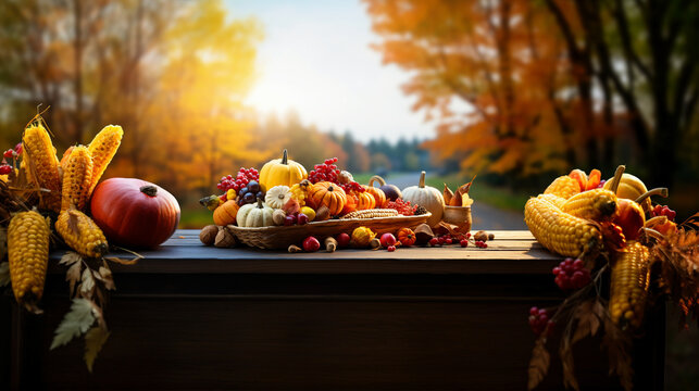 Thanksgiving harvest basket on fall background. Thanksgiving cornucopia fall scene with pumpkins squash on wood table at sunset