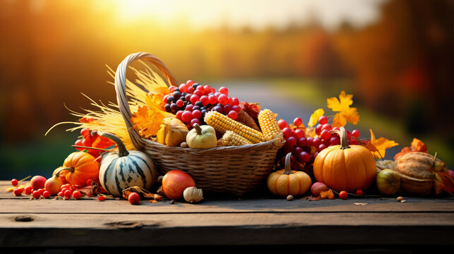 Thanksgiving harvest basket on fall background. Thanksgiving cornucopia fall scene with pumpkins squash on wood table at sunset