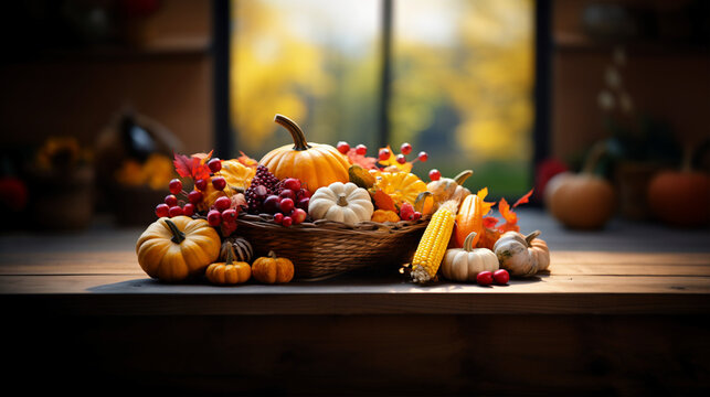 Thanksgiving harvest basket on fall background. Thanksgiving cornucopia fall scene with pumpkins squash on wood table at sunset