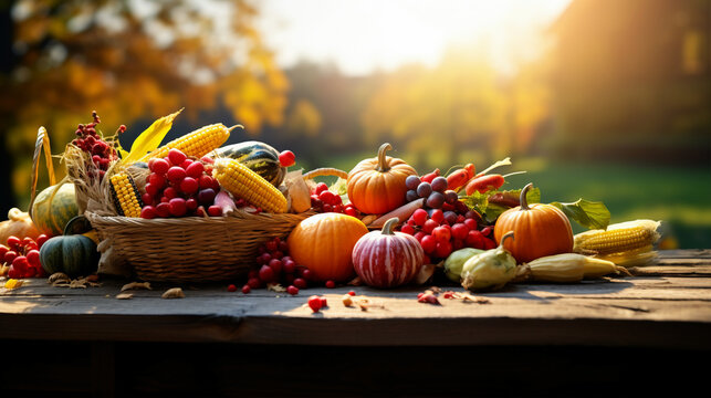Thanksgiving harvest basket on fall background. Thanksgiving cornucopia fall scene with pumpkins squash on wood table at sunset