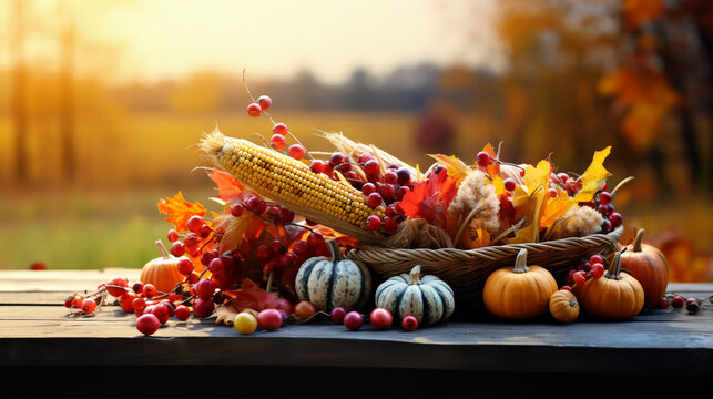 Thanksgiving harvest basket on fall background. Thanksgiving cornucopia fall scene with pumpkins squash on wood table at sunset
