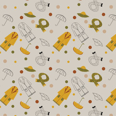 Pattern of cozy autumn clothes. Coats, hats, scarves and umbrellas. Vector illustration made in black, green, yellow, red colors on beige background