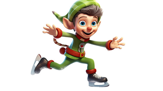 a christmas elf waving while ice skating isolated on a transparent background, generative ai
