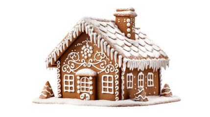 a gingerbread house with snow falling on the roof isolated on a transparent background, generative ai