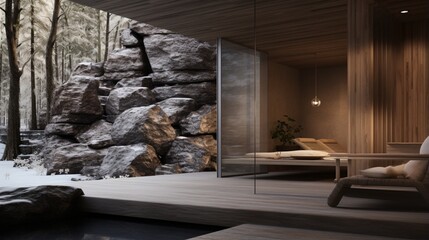 a Scandinavian spa with a focus on natural elements, such as wooden saunas and stone accents