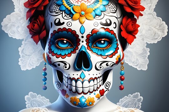 Sugar Skull. Mexico's Day of the Dead, Dia de Los Muertos. Skull with flowers, AI art. Generative AI.