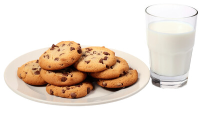 a plate of freshly baked chocolate chip cookies isolated on a transparent background, generative ai