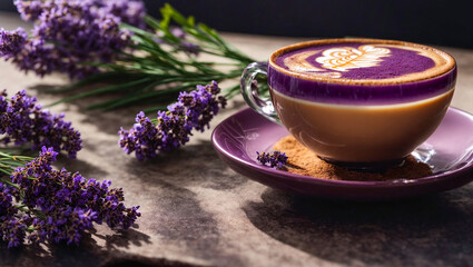 Latte coffee in a beautiful cup, lavender flower