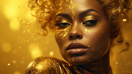Fashion girl with golden hair in golden clothes. Gold color concept. Closeup Beautiful face of young sensual attractive afro woman. Fantasy style. Art Portrait of a beautiful girl with pro makeup.