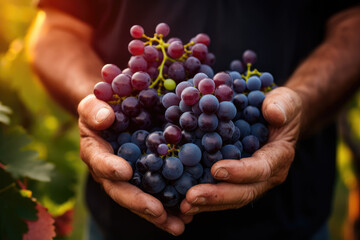 Close up hands of winemaker with grapes and vineyard in the background - obrazy, fototapety, plakaty