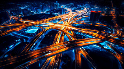Aerial view of highway intersection at night in big city photo.