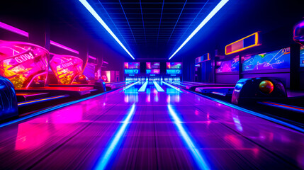 Bowling alley with neon lights and bowling balls on the bowling alley floor. - obrazy, fototapety, plakaty