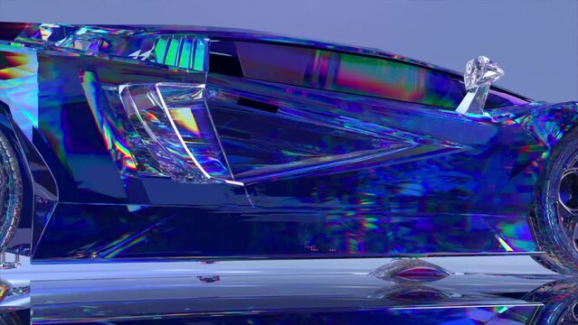 A diamond car assembly from shiny transparent parts. Close-up. Blue neon color. Advertising. 3D animation