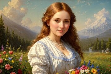 Naklejka premium Portrait of a beautiful woman dressed in rustic style in nature, beautiful rural landscape