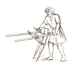 Pencil drawing. Vintage wooden plow