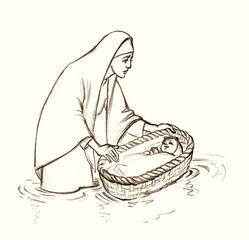 Moses' mother puts him in a basket on the river. Pencil drawing