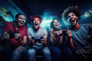 Group of friends playing a multiplayer game, with controllers in hand and expressions of camaraderie and competition