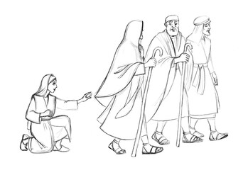 Pencil drawing. The woman touched the clothes of Christ, to be healed