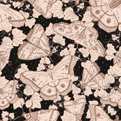Moody mystic moths in the dark night sky. Insects with pumpkin tendrils. Black and peach pink butterfly pattern in autumn colors. Whimsical seamless vector bug pattern.