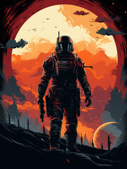 Fototapeta na wymiar astronaut soldier in space illustration